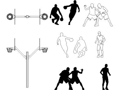 Jugadores aficionados y un poste de baloncesto de doble brazo