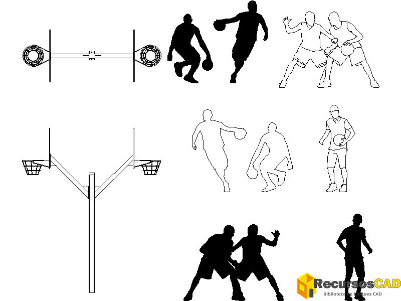 descargar bloques deporte dwg autocad gratis, jugadores y canchas 2D en planta y alzado