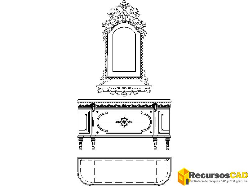 Bloque CAD de mueble tocador con espejo en vista frontal y alzado para AutoCAD