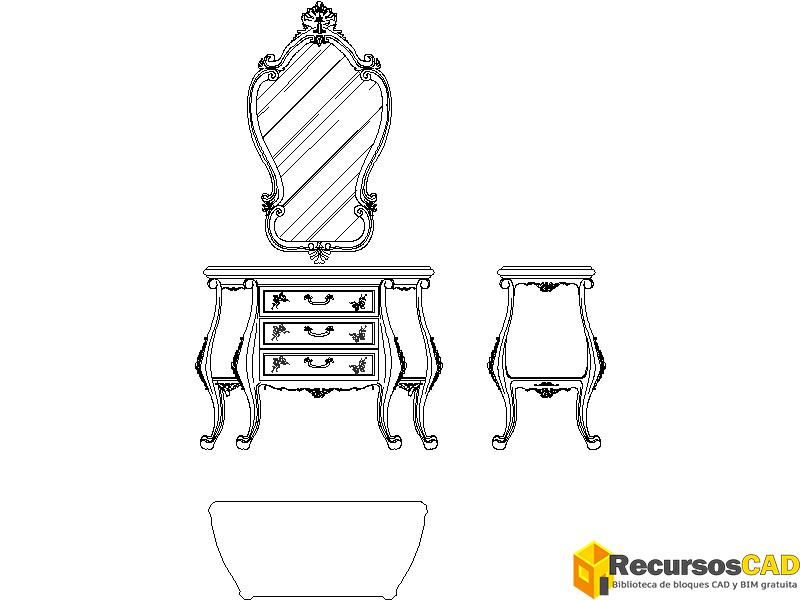 dwg mueble tocador espejo en vista frontal para AutoCAD