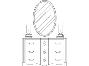 Bloque CAD de tocador clásico con espejo ovalado en vista frontal o alzado para AutoCAD