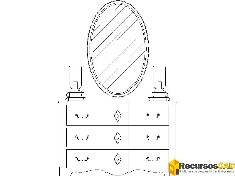Bloque CAD de tocador clásico con espejo ovalado en vista frontal o alzado para AutoCAD