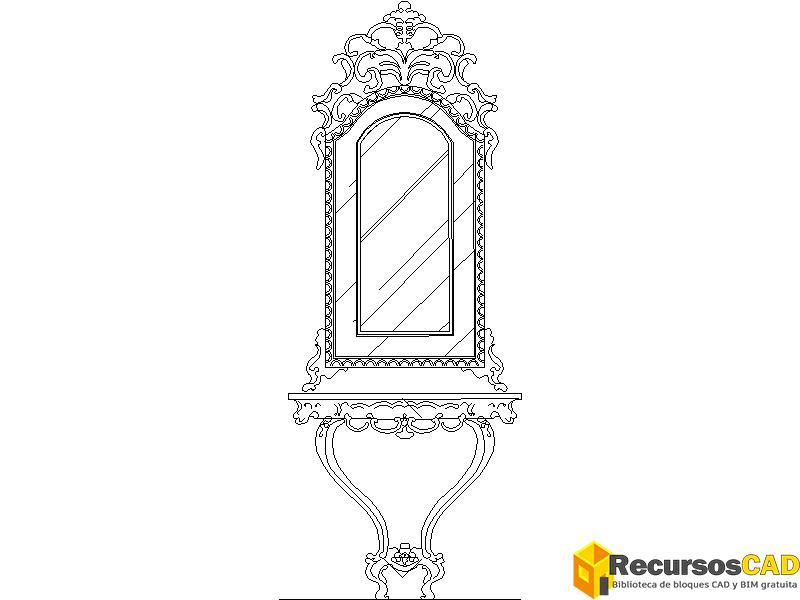 Bloque CAD de mueble tocador con espejo clásico en vista frontal o alzado para AutoCAD