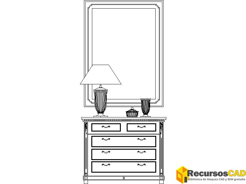 Bloque CAD de mueble tocador con espejo en vista frontal o alzado para AutoCAD