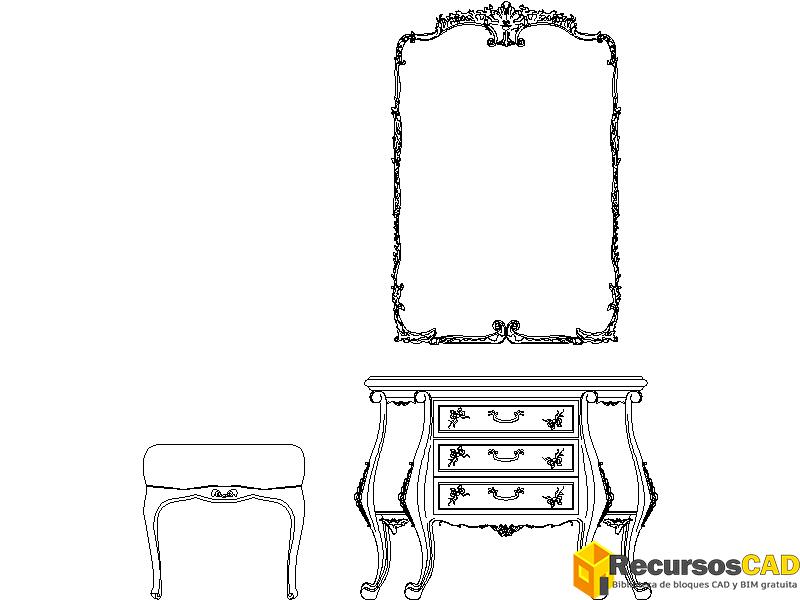 bloque cad tocador espejo con banqueta en formato dwg para AutoCAD