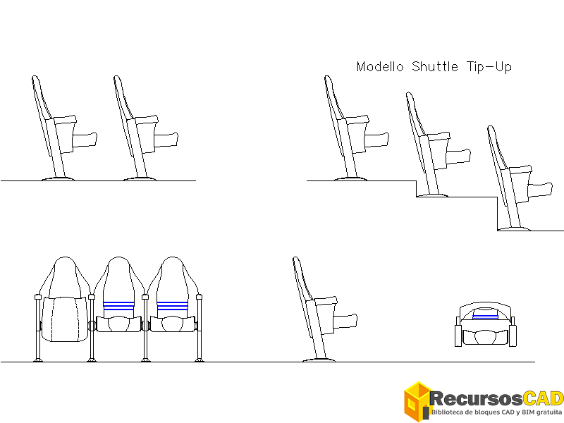 Butaca Auditorio Shuttle Tip Up frontal lateral grada posterior