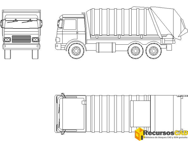 Descarga Bloques CAD Camión de basura vista frontal lateral y superior