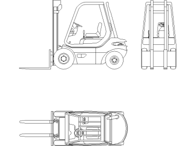 Descarga Gratis Bloques DWG de Carretilla Elevadora Eléctrica tipo 3 dibujos en planta, alzado y vista frontal