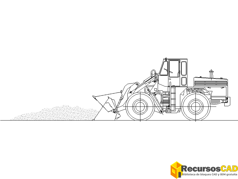 Pala Cargadora en DWG Trabajando – Vista Técnica Lateral