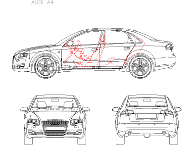 Bloques AutoCAD en formato DWG Audi A4 vistas frontal, trasera y lateral
