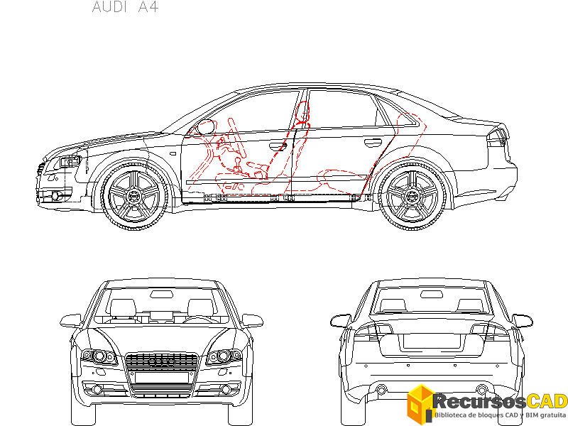 Bloques AutoCAD en formato DWG Audi A4 vistas frontal, trasera y lateral