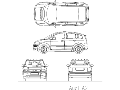 Bloques AutoCAD en formato DWG Audi A2 vistas frontal, superior, trasera y lateral