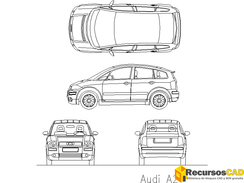 Bloques AutoCAD en formato DWG Audi A2 vistas frontal, superior, trasera y lateral