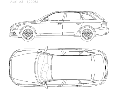 Bloques AutoCAD en formato DWG Audi A3 2008 vistas superior y lateral