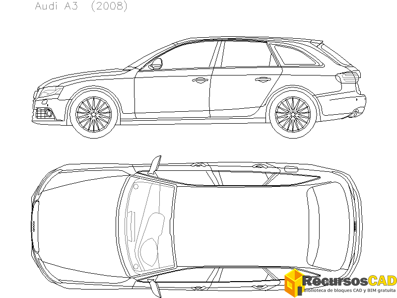 Bloques AutoCAD en formato DWG Audi A3 2008 vistas superior y lateral