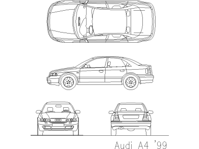 Bloques AutoCAD en formato DWG Audi A4 vistas frontal, superior, trasera y lateral