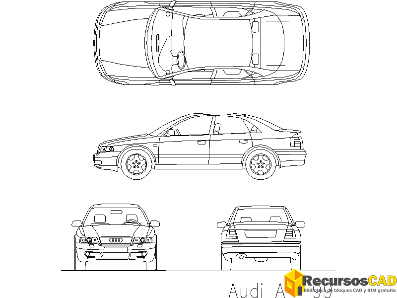 Bloques AutoCAD en formato DWG Audi A4 vistas frontal, superior, trasera y lateral