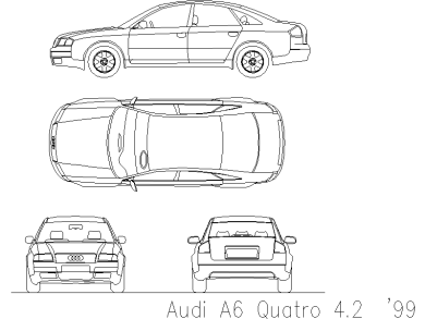 Bloques AutoCAD en formato DWG Audi A6 Quatro 4.2 vistas frontal, superior, trasera y lateral