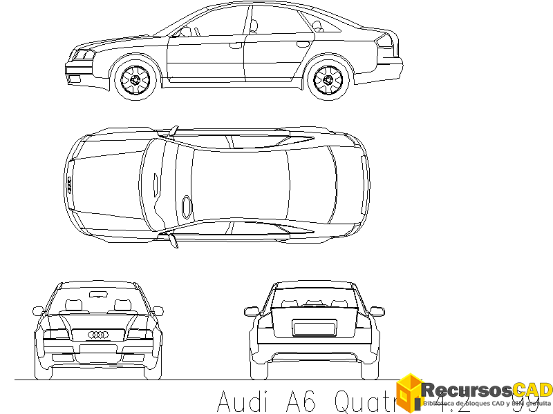 Bloques AutoCAD en formato DWG Audi A6 Quatro 4.2 vistas frontal, superior, trasera y lateral