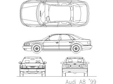 Bloques AutoCAD en formato DWG Audi A8 vistas frontal, superior, trasera y lateral