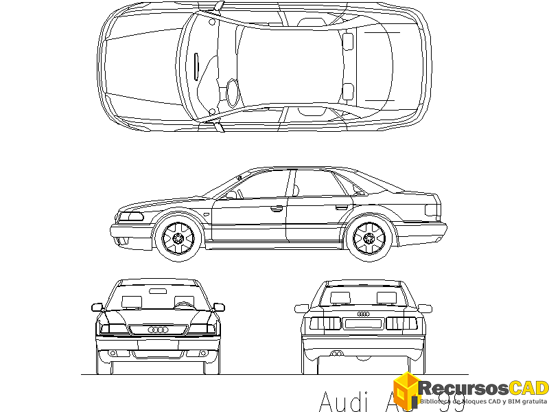 Bloques AutoCAD en formato DWG Audi A8 vistas frontal, superior, trasera y lateral