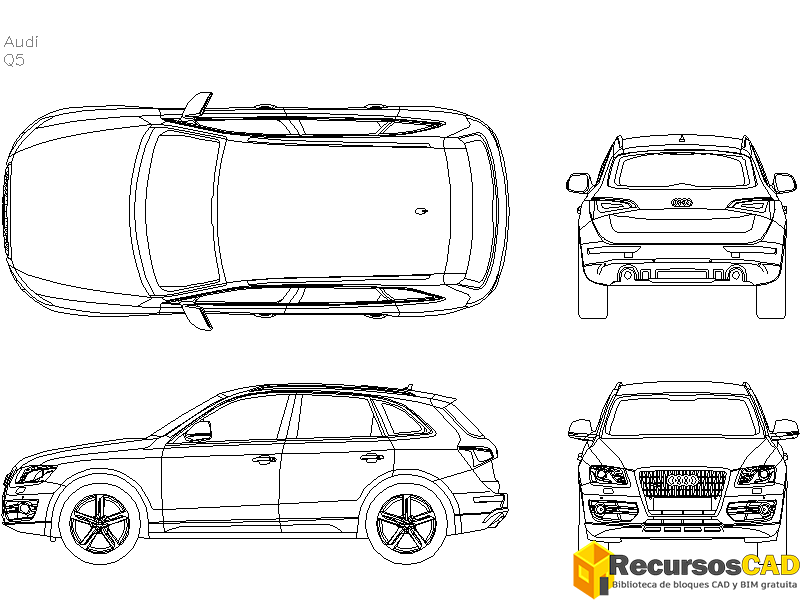 Bloques AutoCAD en formato DWG Audi Q5 vistas frontal, superior, trasera y lateral