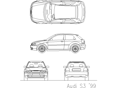 Bloques AutoCAD en formato DWG Audi S3 vistas frontal, superior, trasera y lateral