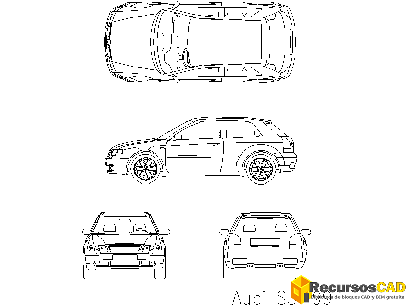 Bloques AutoCAD en formato DWG Audi S3 vistas frontal, superior, trasera y lateral
