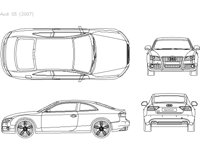 Bloques AutoCAD en formato DWG Audi S5 2007 vistas frontal, superior, trasera y lateral