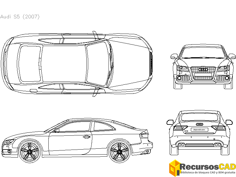 Bloques AutoCAD en formato DWG Audi S5 2007 vistas frontal, superior, trasera y lateral