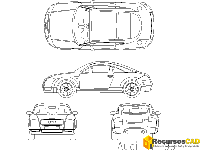 Bloques AutoCAD en formato DWG Audi-TT vistas frontal, superior, trasera y lateral