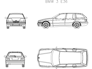 Descarga Gratis Bloques DWG AutoCAD BMW 3 E36 vistas frontal, superior, lateral y trasera