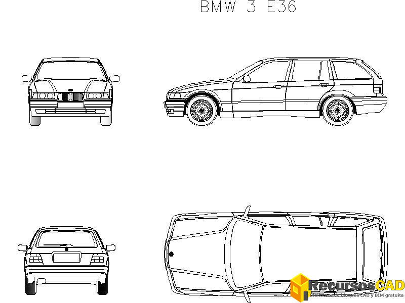 Descarga Gratis Bloques DWG AutoCAD BMW 3 E36 vistas frontal, superior, lateral y trasera