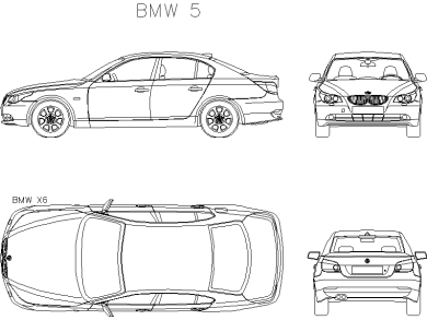 Descarga Gratis Bloques DWG AutoCAD BMW 5 vistas frontal, superior, lateral y trasera