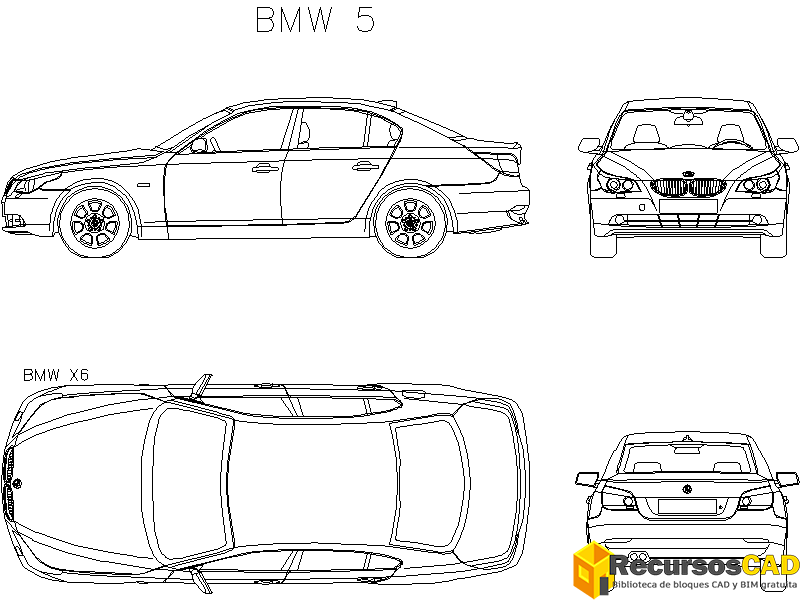 Descarga Gratis Bloques DWG AutoCAD BMW 5 vistas frontal, superior, lateral y trasera