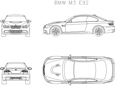 Descarga Gratis Bloques DWG AutoCAD BMW M3 E92 vistas frontal, superior, lateral y trasera