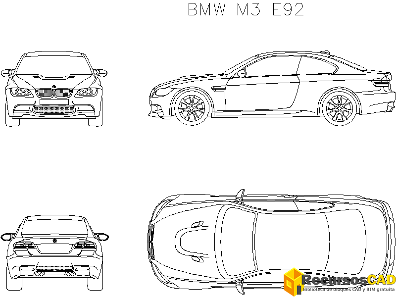 Descarga Gratis Bloques DWG AutoCAD BMW M3 E92 vistas frontal, superior, lateral y trasera