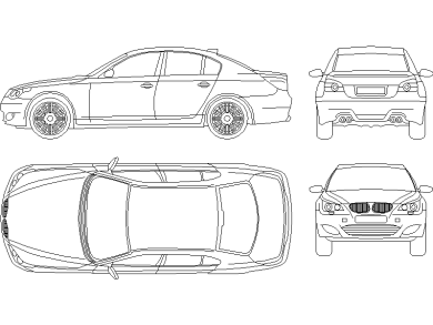 Descarga Gratis Bloques DWG AutoCAD BMW M5 vistas frontal, superior, lateral y trasera