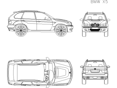 Descarga Gratis Bloques DWG AutoCAD BMW X5 vistas frontal, superior, lateral y trasera