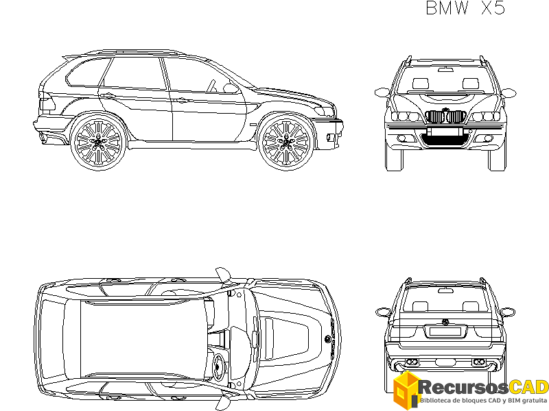 Descarga Gratis Bloques DWG AutoCAD BMW X5 vistas frontal, superior, lateral y trasera
