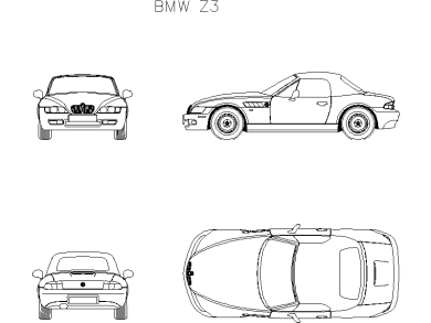 Descarga Gratis Bloques DWG AutoCAD BMW Z3 vistas frontal, superior, lateral y trasera