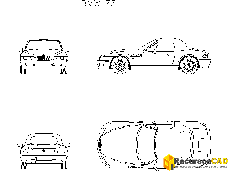 Descarga Gratis Bloques DWG AutoCAD BMW Z3 vistas frontal, superior, lateral y trasera
