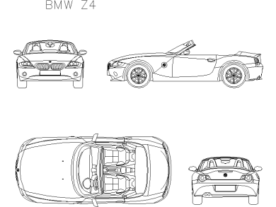 Descarga Gratis Bloques DWG AutoCAD BMW Z4 vistas frontal, superior, lateral y trasera
