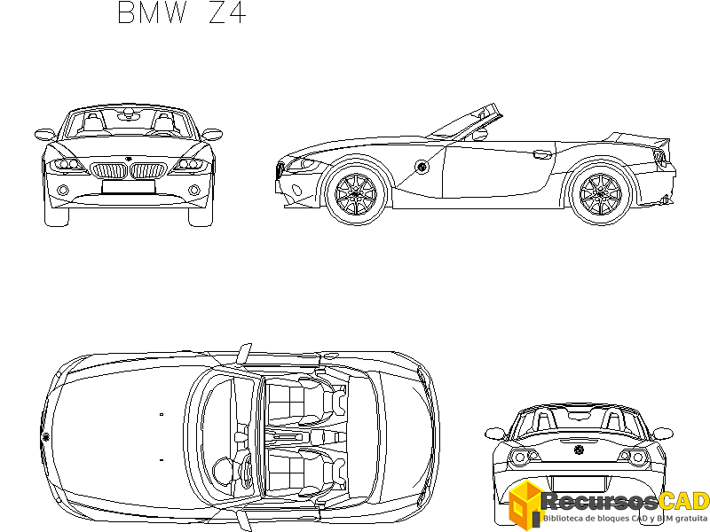 Descarga Gratis Bloques DWG AutoCAD BMW Z4 vistas frontal, superior, lateral y trasera