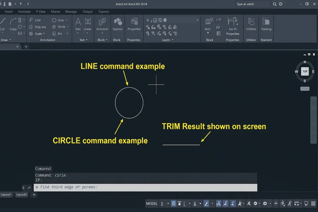 comandos autocad uso de LINE, CIRCLE, y TRIM