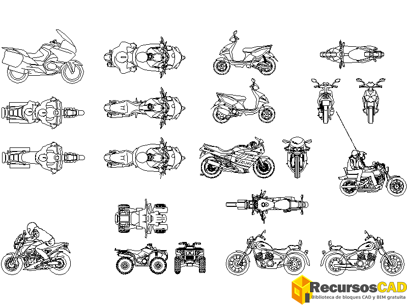 Bloques CAD de Motos o Motocicletas en DWG AutoCAD 2D: Descarga Gratuita.
