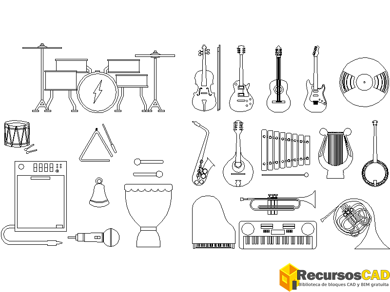 instrumentos musicales en formato 2D DWG