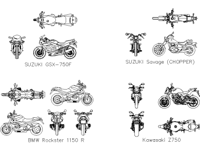 Bloques CAD de Motocicletas en DWG AutoCAD 2D Gratis