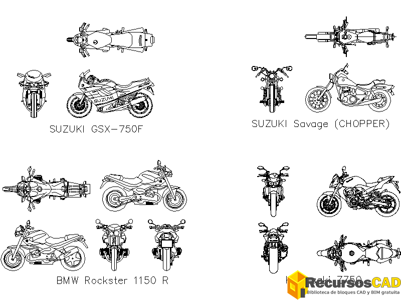 Bloques CAD de Motocicletas en DWG AutoCAD 2D Gratis