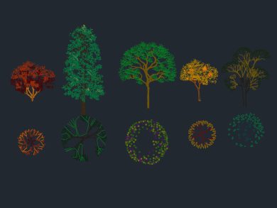 Bloques DWG AutoCAD arboles en planta y alzado a color